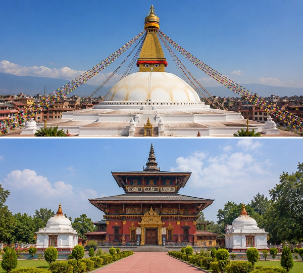 Buddhist temples and vibrant prayer flags