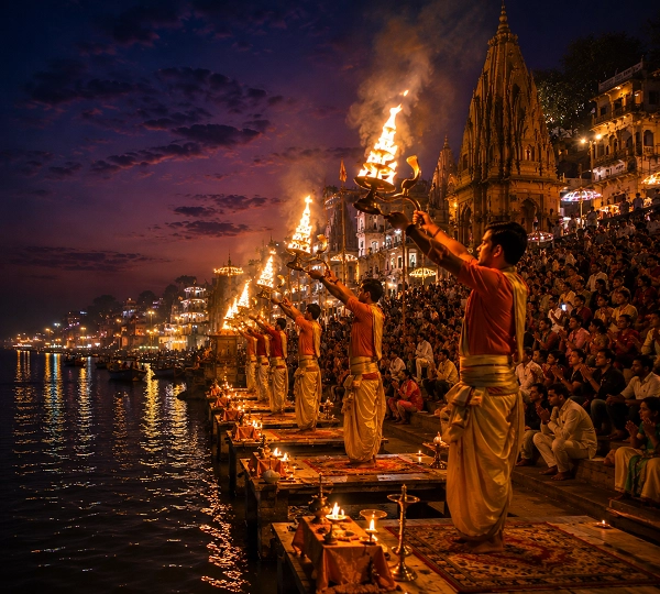 Ganga Aarti at twilight on the ghat