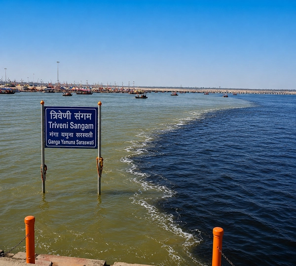 Triveni Sangam riverscape and sign
